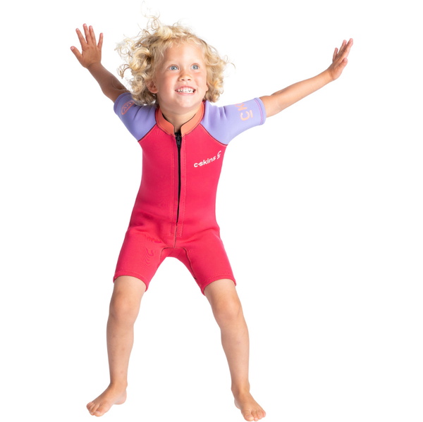2025 C-Skins Junior C-KID 3/2mm Front Zip Shorty Wetsuit C-BA32SH - Coral / Lilac